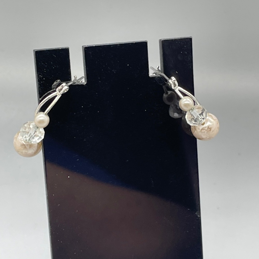 Silver Tone Double Hoop Earrings Faux Pearl Crystal Beaded Floral Etched Cream